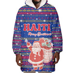 Haiti Christmas Wearable Blanket Hoodie Blue Red Xmas Santa Snowflake and Map - African Pride