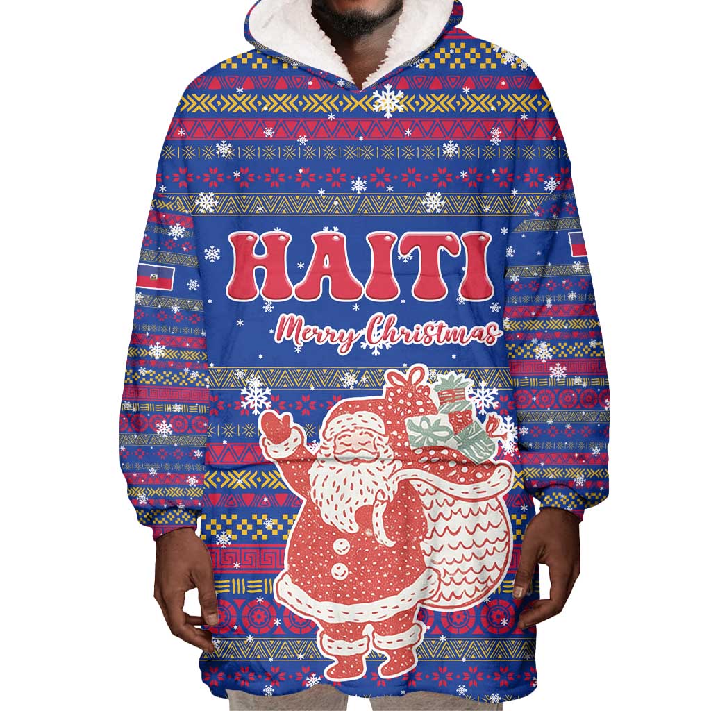 Haiti Christmas Wearable Blanket Hoodie Blue Red Xmas Santa Snowflake and Map - African Pride