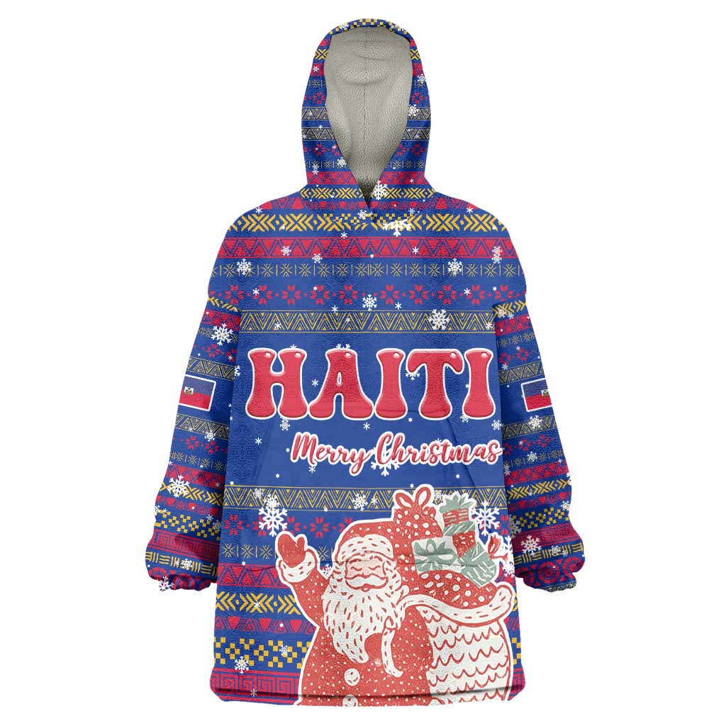 Haiti Christmas Wearable Blanket Hoodie Blue Red Xmas Santa Snowflake and Map - African Pride