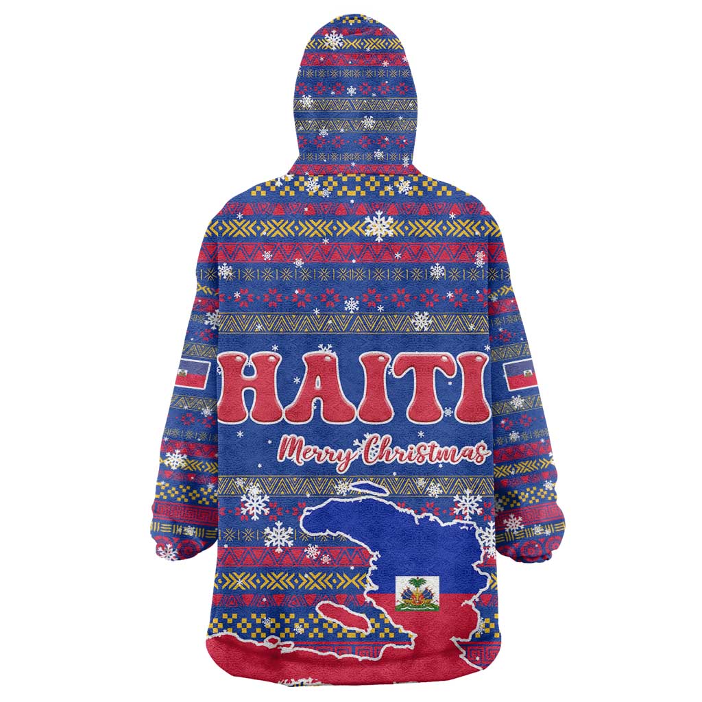 Haiti Christmas Wearable Blanket Hoodie Blue Red Xmas Santa Snowflake and Map - African Pride