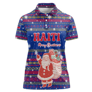 Haiti Christmas Women Polo Shirt Blue Red Xmas Santa Snowflake and Map - African Pride