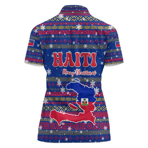 Haiti Christmas Women Polo Shirt Blue Red Xmas Santa Snowflake and Map - African Pride