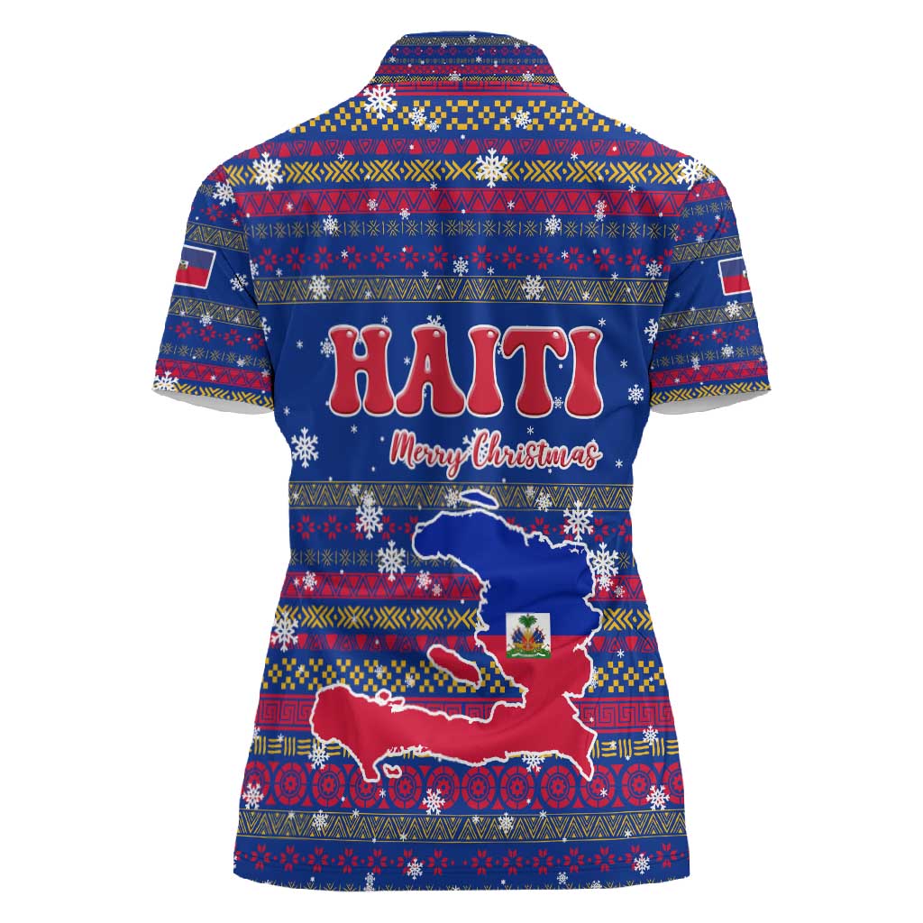 Haiti Christmas Women Polo Shirt Blue Red Xmas Santa Snowflake and Map - African Pride