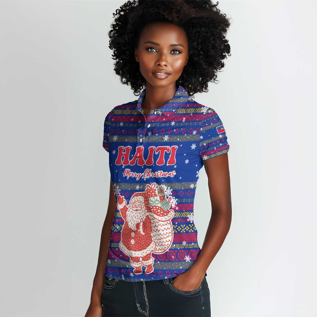 Haiti Christmas Women Polo Shirt Blue Red Xmas Santa Snowflake and Map - African Pride