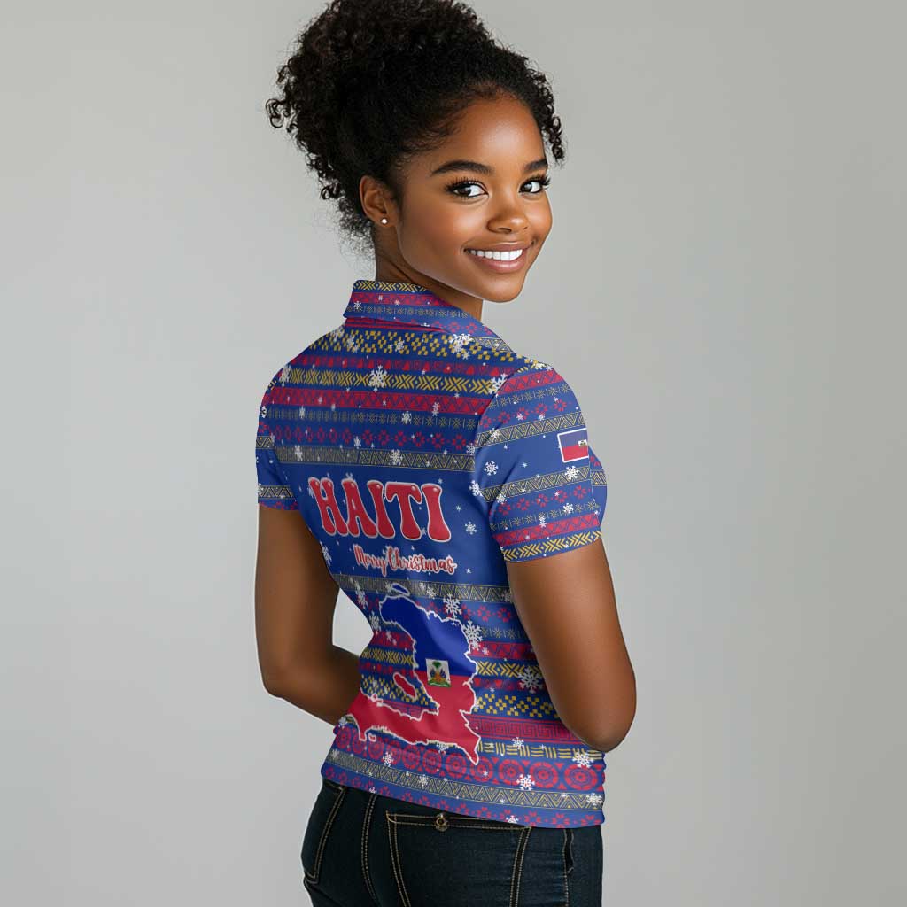 Haiti Christmas Women Polo Shirt Blue Red Xmas Santa Snowflake and Map - African Pride