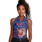 Haiti Christmas Women Sleeveless Polo Shirt Blue Red Xmas Santa Snowflake and Map - African Pride