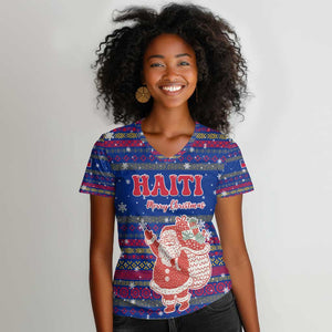Haiti Christmas Women V-Neck T-Shirt Blue Red Xmas Santa Snowflake and Map - African Pride
