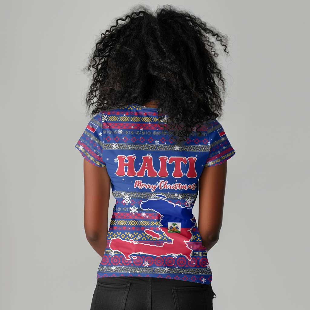 Haiti Christmas Women V-Neck T-Shirt Blue Red Xmas Santa Snowflake and Map - African Pride