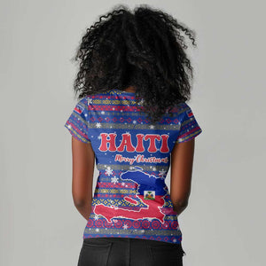 Haiti Christmas Women V-Neck T-Shirt Blue Red Xmas Santa Snowflake and Map - African Pride