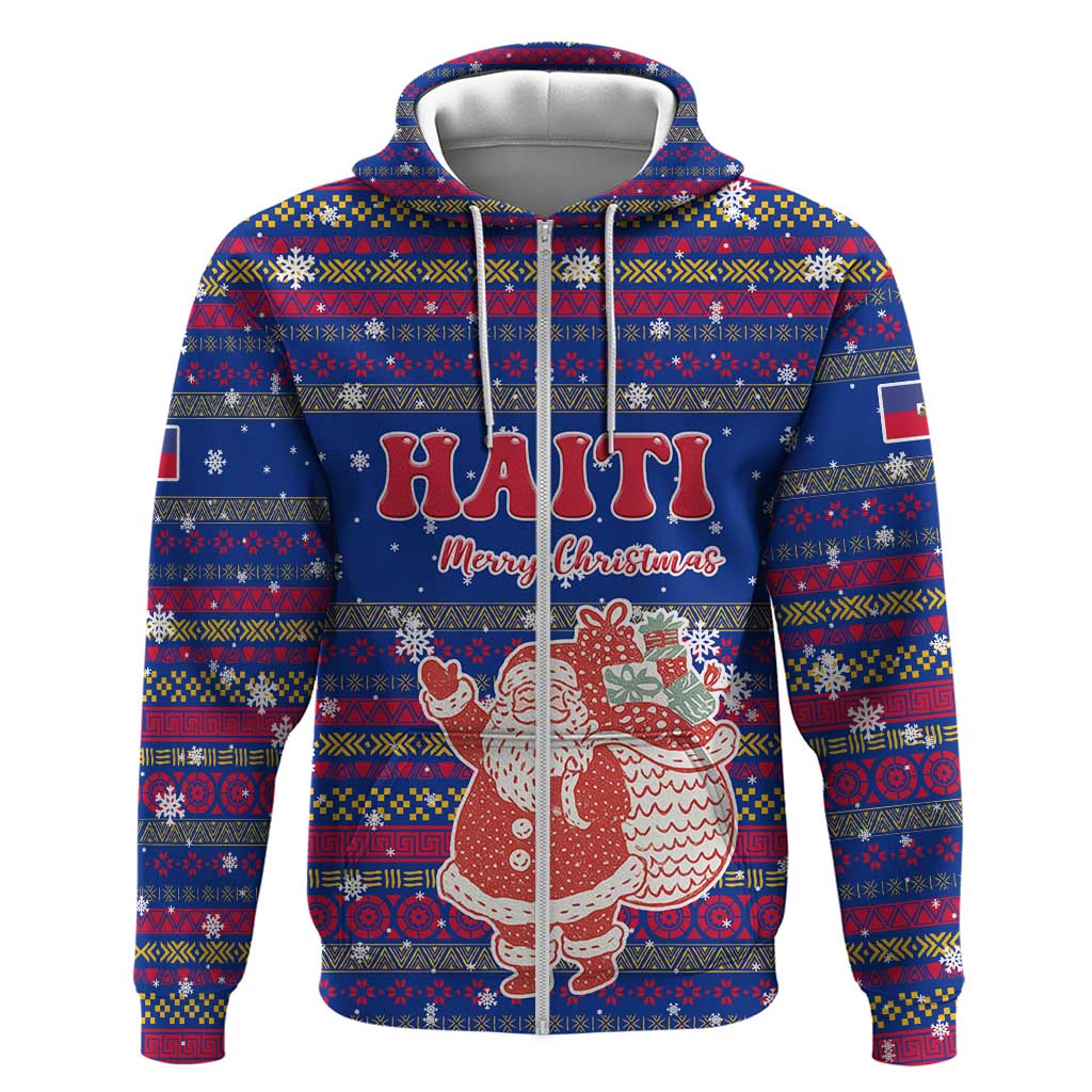 Haiti Christmas Zip Hoodie Blue Red Xmas Santa Snowflake and Map - African Pride