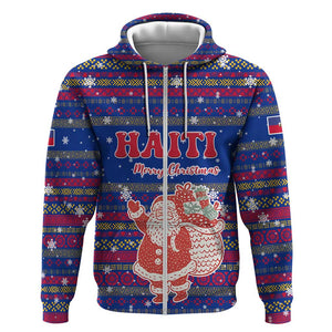 Haiti Christmas Zip Hoodie Blue Red Xmas Santa Snowflake and Map - African Pride