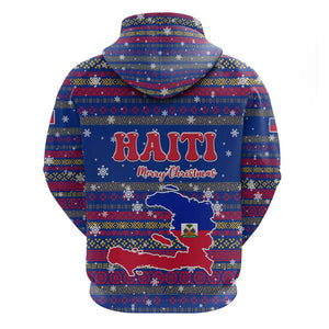 Haiti Christmas Zip Hoodie Blue Red Xmas Santa Snowflake and Map - African Pride