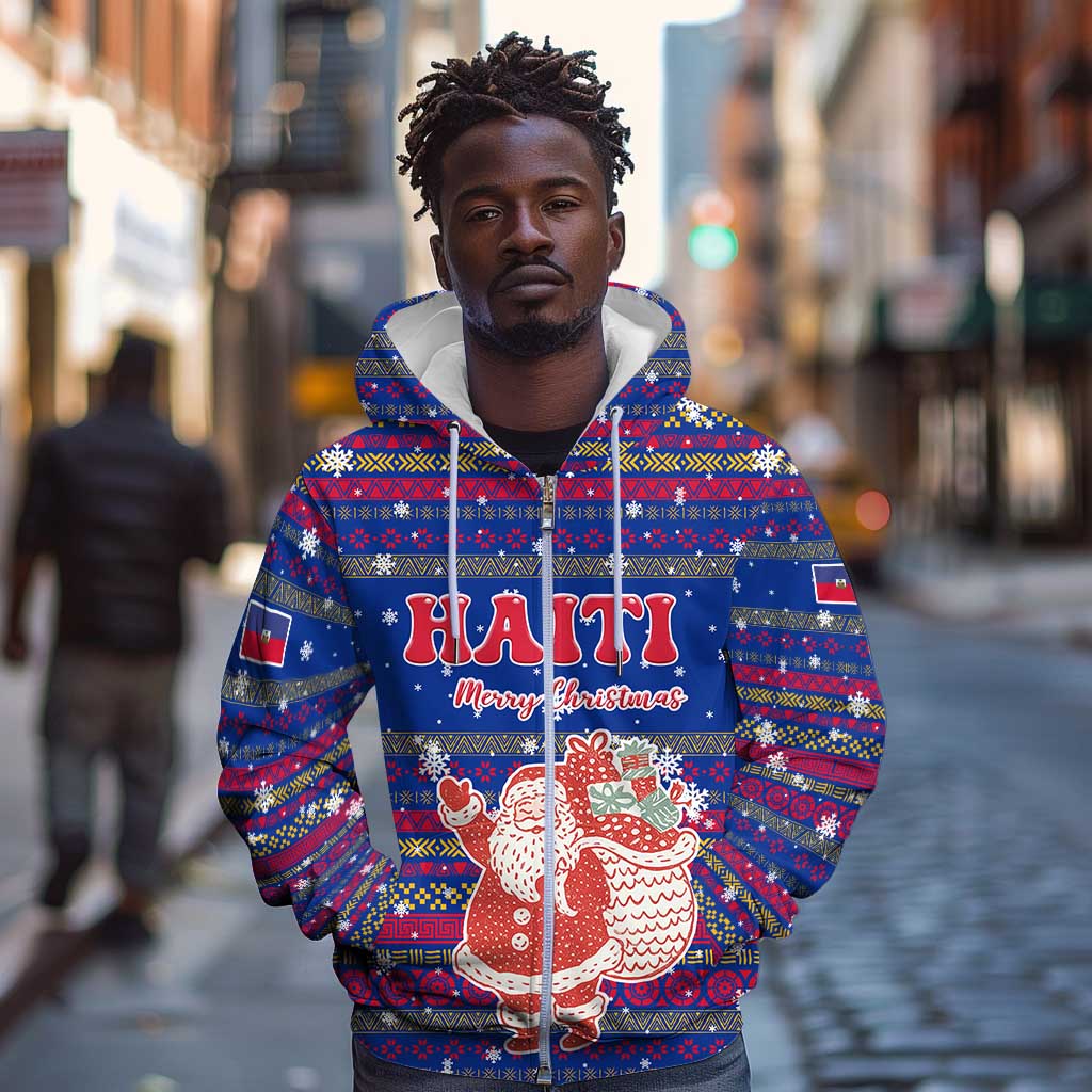 Haiti Christmas Zip Hoodie Blue Red Xmas Santa Snowflake and Map - African Pride