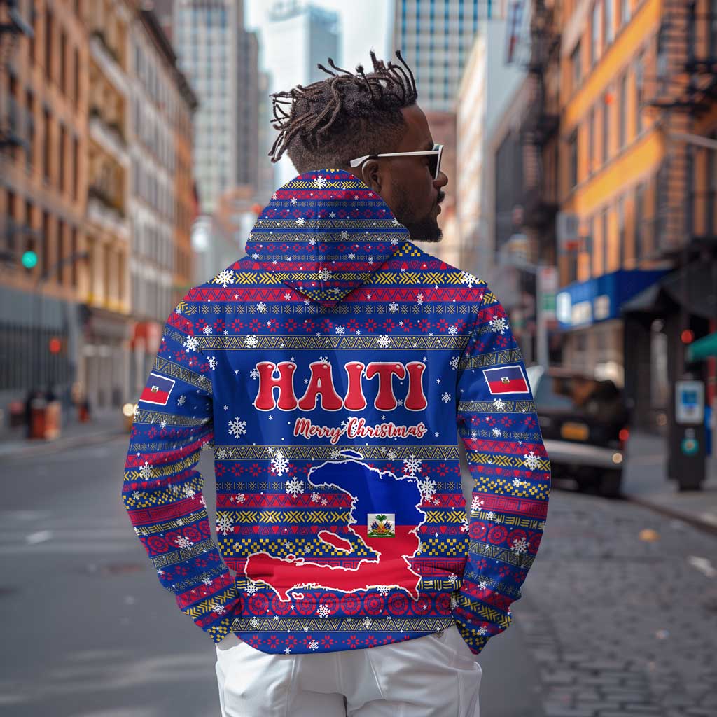 Haiti Christmas Zip Hoodie Blue Red Xmas Santa Snowflake and Map - African Pride