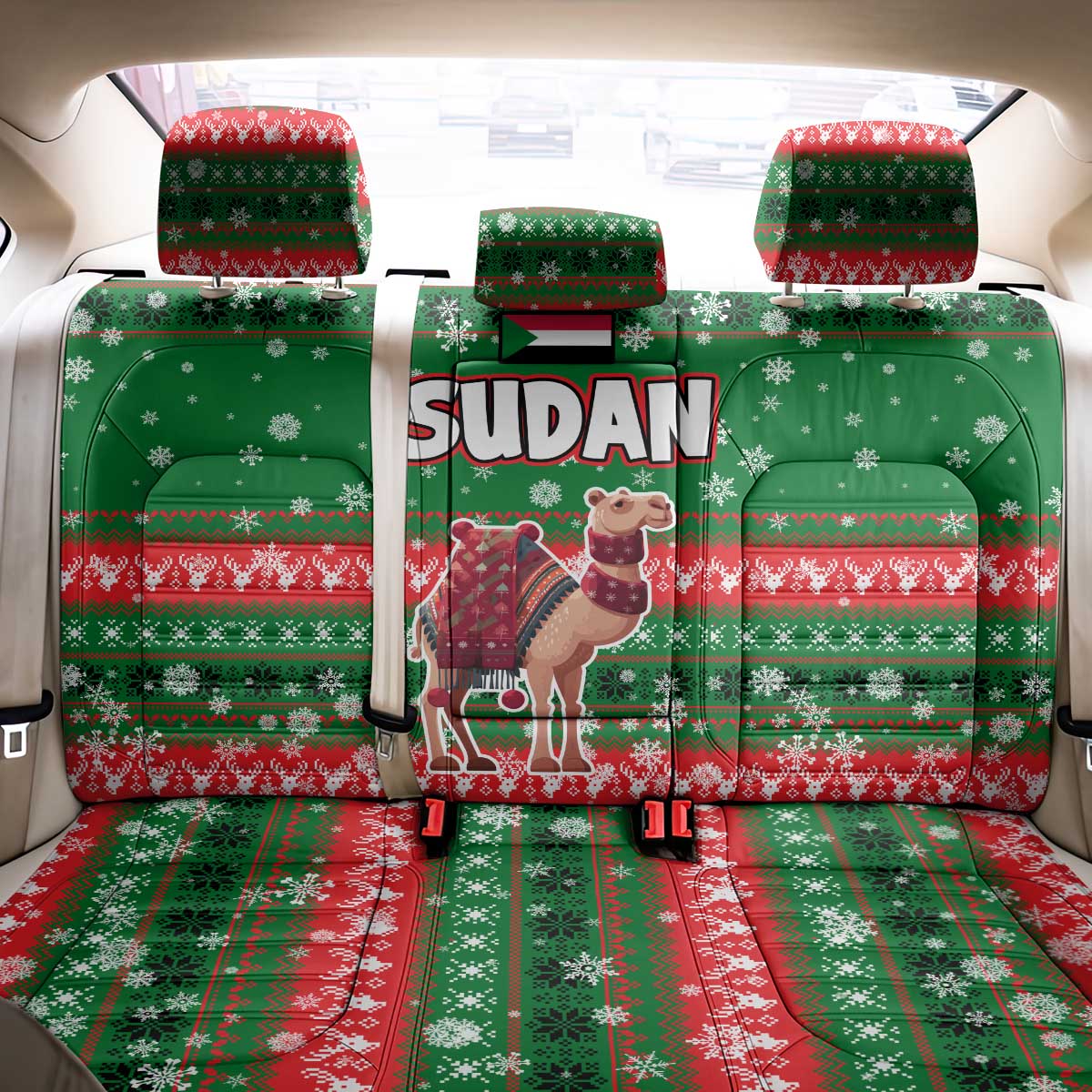 Sudan Christmas Back Car Seat Cover Green Red Xmas Camel Snowflake and Coat of Arms - African Pride
