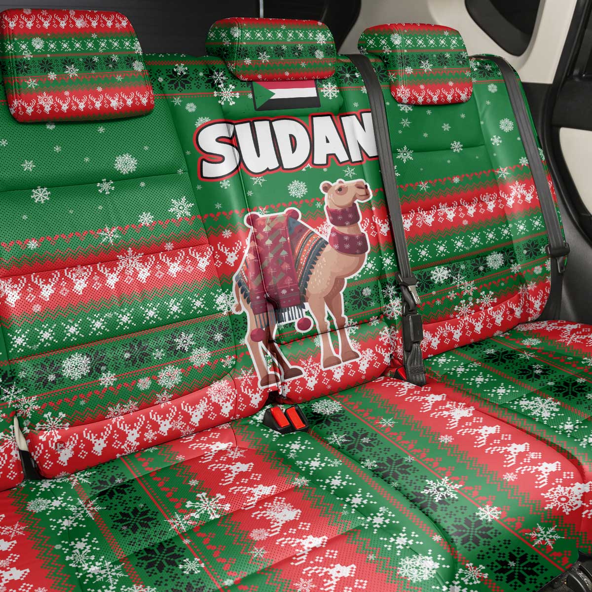 Sudan Christmas Back Car Seat Cover Green Red Xmas Camel Snowflake and Coat of Arms - African Pride