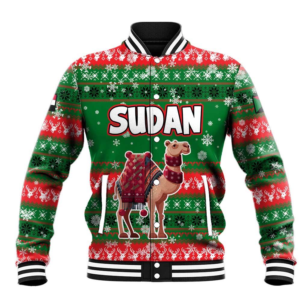 Sudan Christmas Baseball Jacket Green Red Xmas Camel Snowflake and Coat of Arms - African Pride