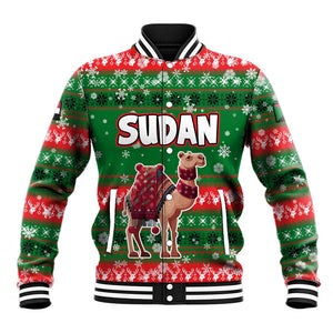 Sudan Christmas Baseball Jacket Green Red Xmas Camel Snowflake and Coat of Arms - African Pride
