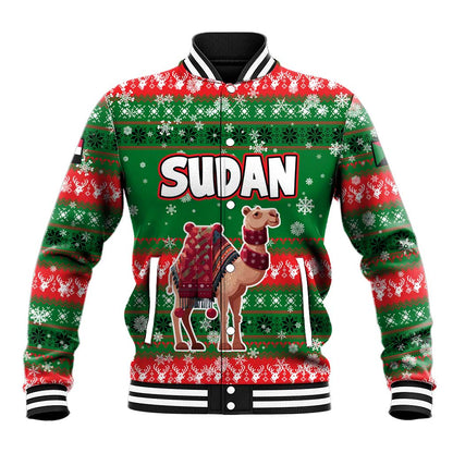 Sudan Christmas Baseball Jacket Green Red Xmas Camel Snowflake and Coat of Arms - African Pride