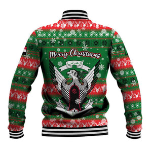 Sudan Christmas Baseball Jacket Green Red Xmas Camel Snowflake and Coat of Arms - African Pride