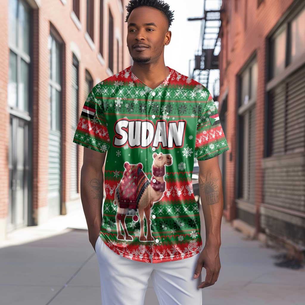 Sudan Christmas Baseball Jersey Green Red Xmas Camel Snowflake and Coat of Arms - African Pride