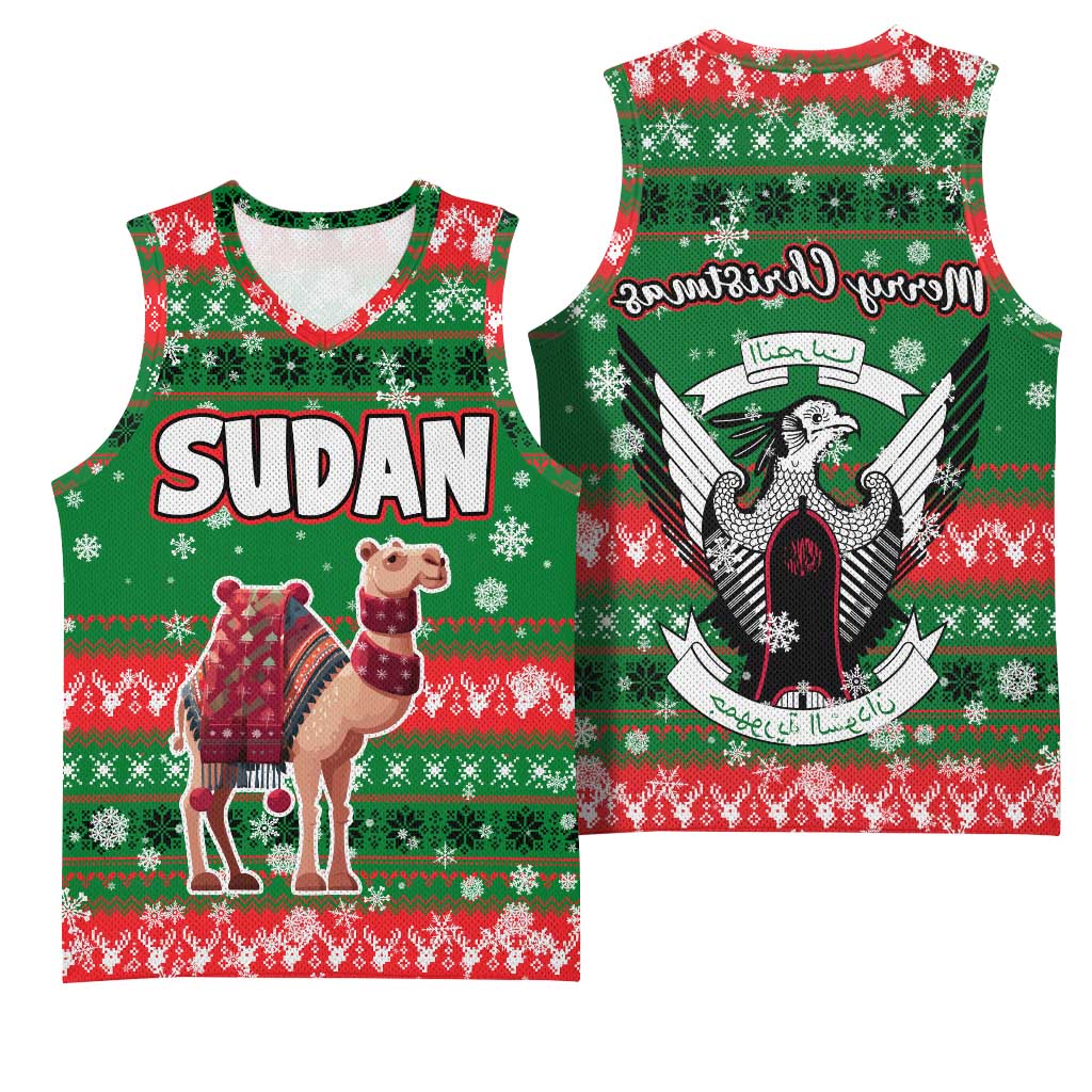 Sudan Christmas Basketball Jersey Green Red Xmas Camel Snowflake and Coat of Arms - African Pride