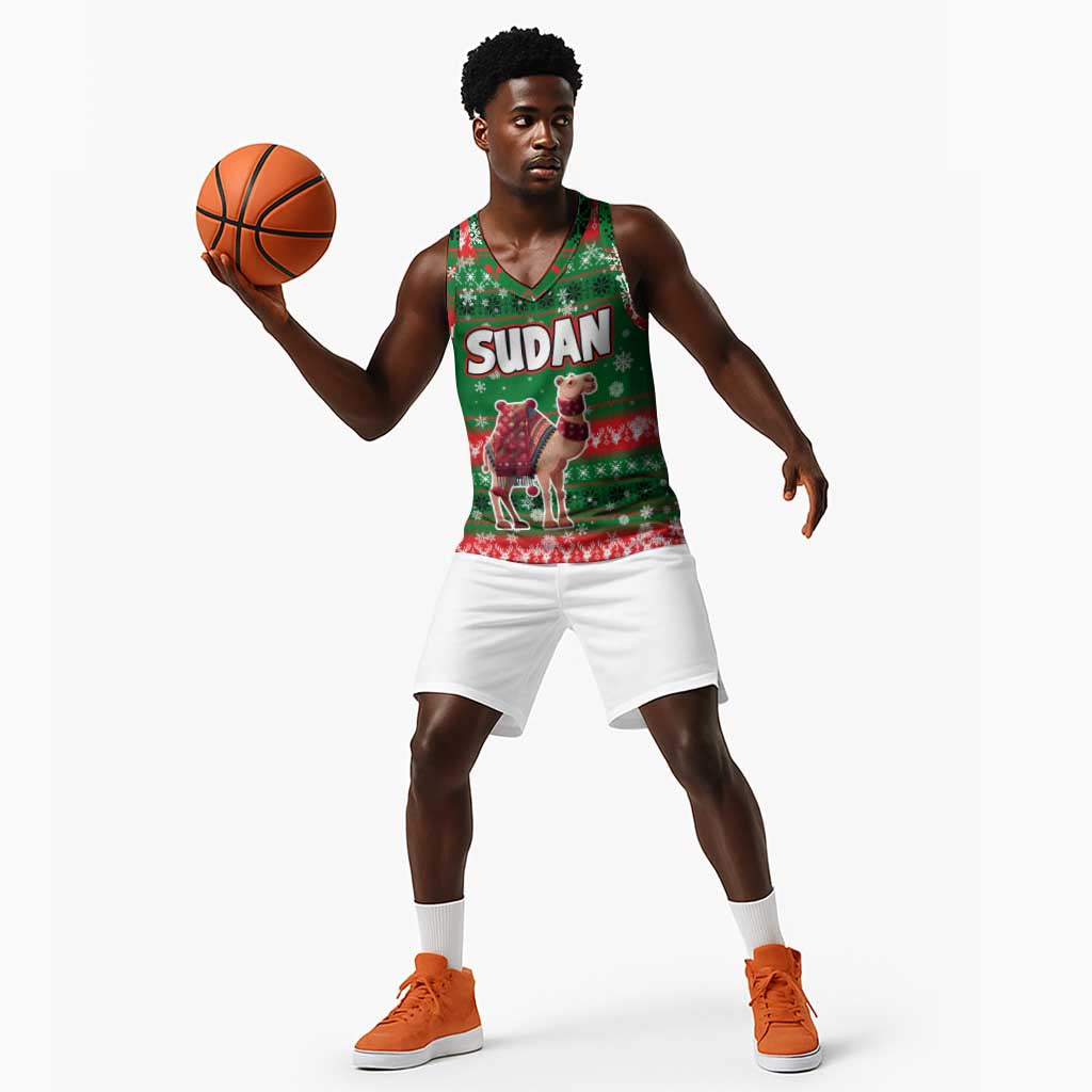 Sudan Christmas Basketball Jersey Green Red Xmas Camel Snowflake and Coat of Arms - African Pride