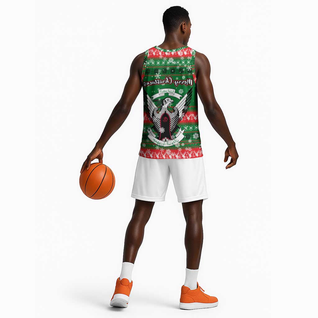 Sudan Christmas Basketball Jersey Green Red Xmas Camel Snowflake and Coat of Arms - African Pride