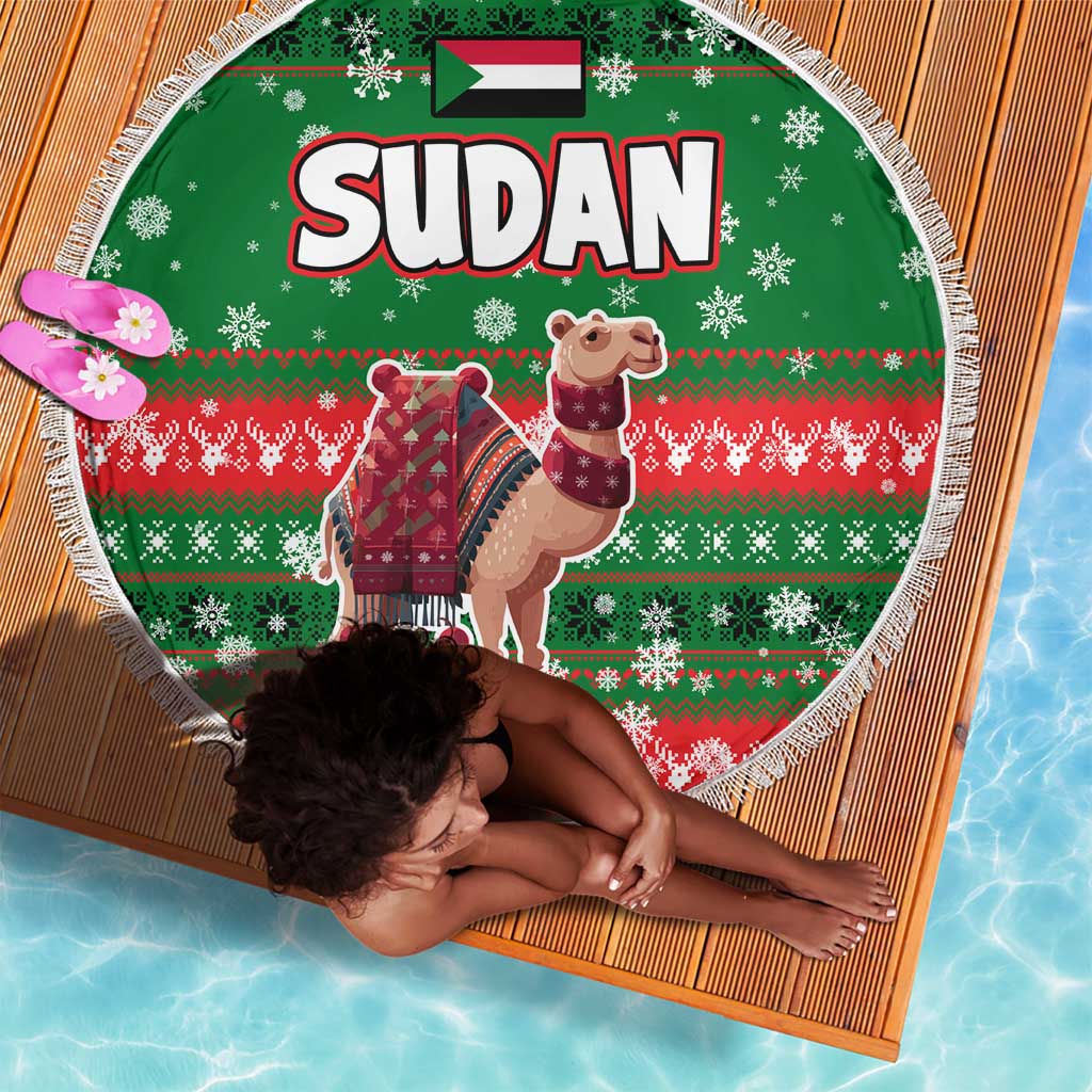 Sudan Christmas Beach Blanket Green Red Xmas Camel Snowflake and Coat of Arms - African Pride