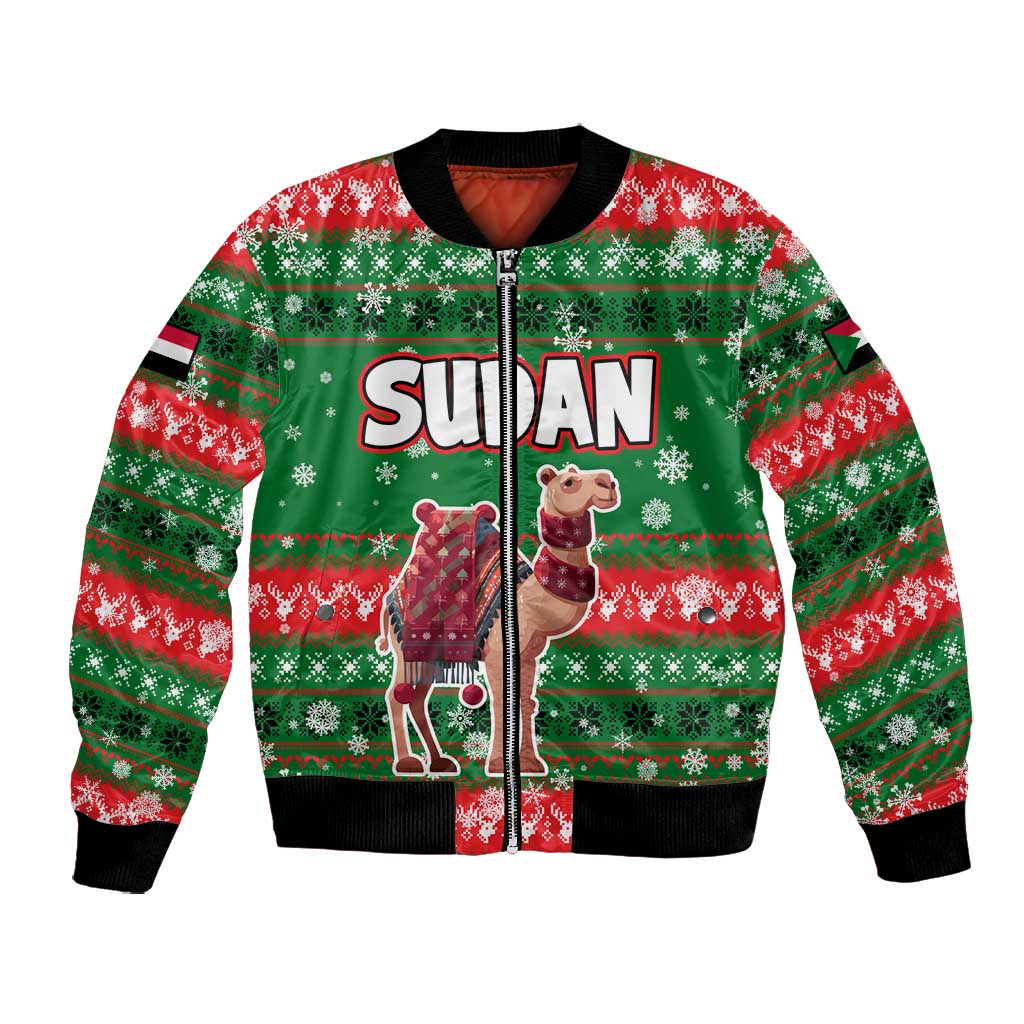 Sudan Christmas Bomber Jacket Green Red Xmas Camel Snowflake and Coat of Arms - African Pride