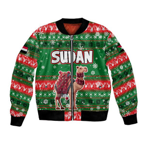 Sudan Christmas Bomber Jacket Green Red Xmas Camel Snowflake and Coat of Arms - African Pride