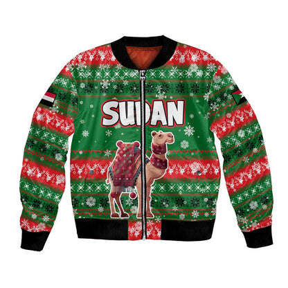 Sudan Christmas Bomber Jacket Green Red Xmas Camel Snowflake and Coat of Arms - African Pride
