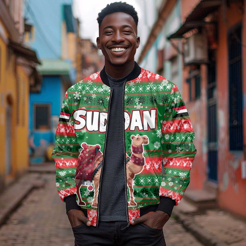 Sudan Christmas Bomber Jacket Green Red Xmas Camel Snowflake and Coat of Arms - African Pride
