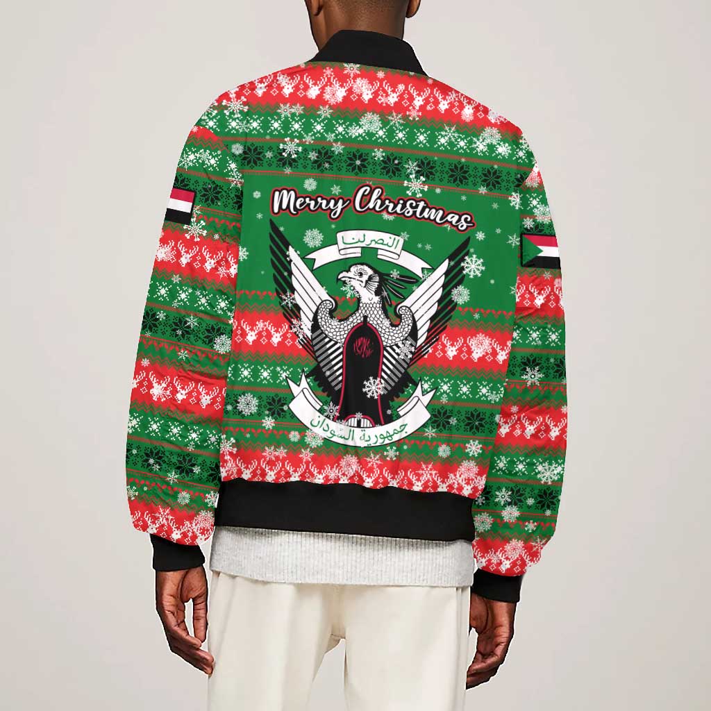 Sudan Christmas Bomber Jacket Green Red Xmas Camel Snowflake and Coat of Arms - African Pride