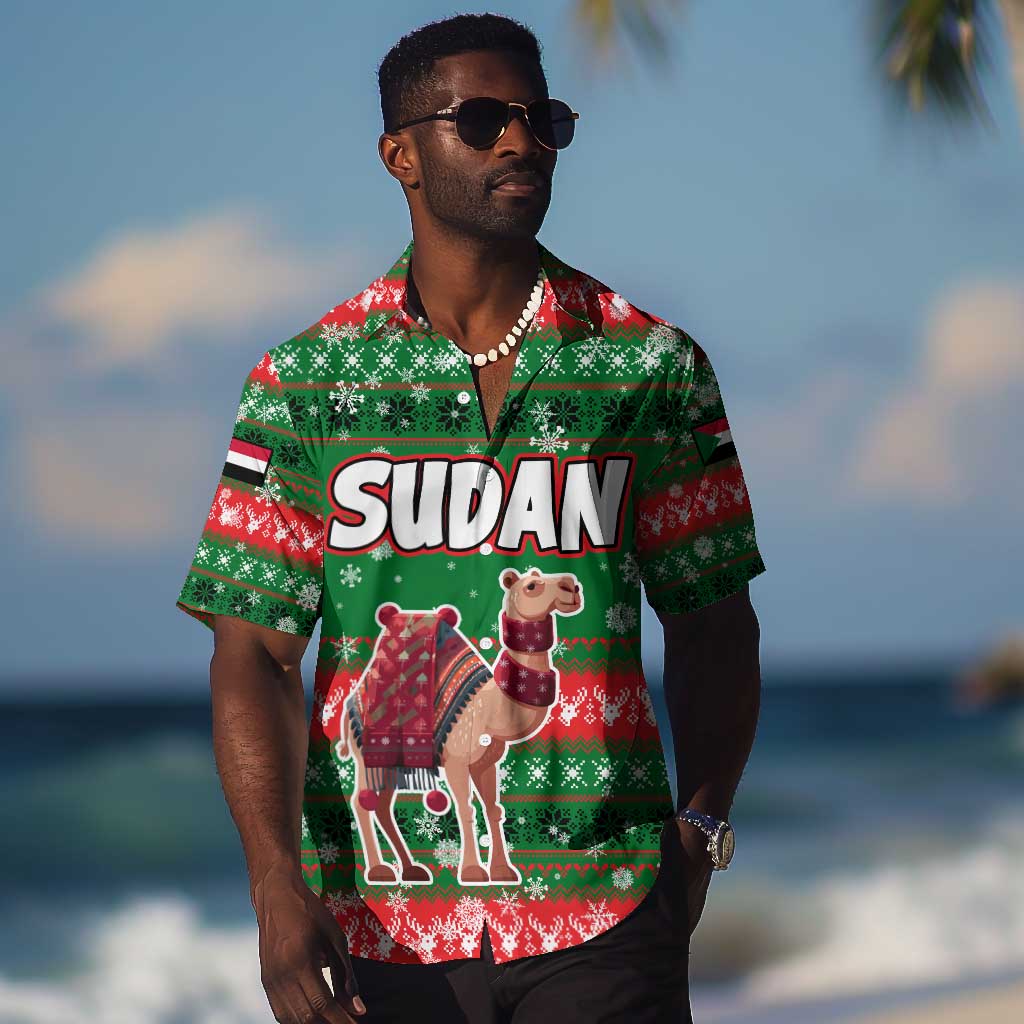 Sudan Christmas Hawaiian Shirt Green Red Xmas Camel Snowflake and Coat of Arms - African Pride