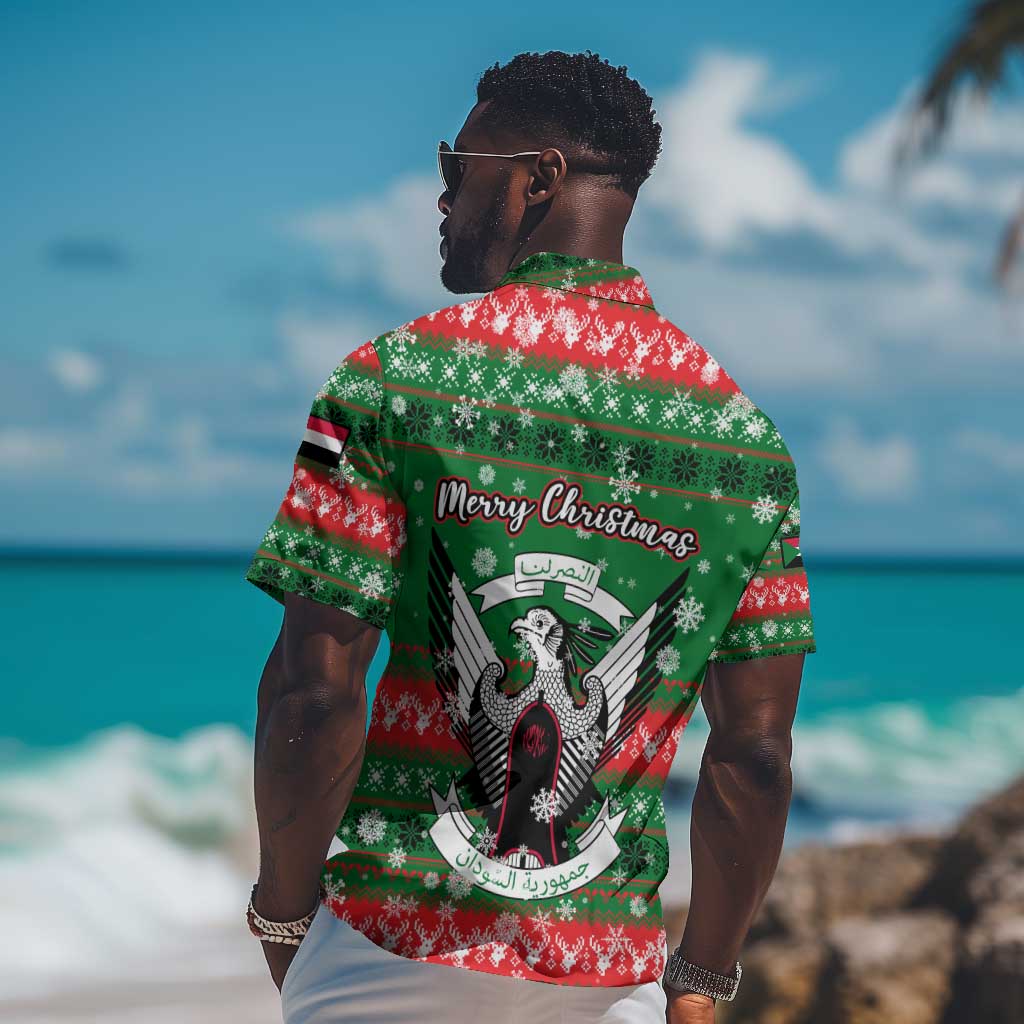 Sudan Christmas Hawaiian Shirt Green Red Xmas Camel Snowflake and Coat of Arms - African Pride