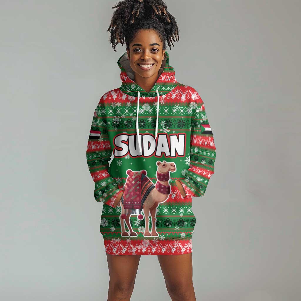 Sudan Christmas Hoodie Dress Green Red Xmas Camel Snowflake and Coat of Arms - African Pride