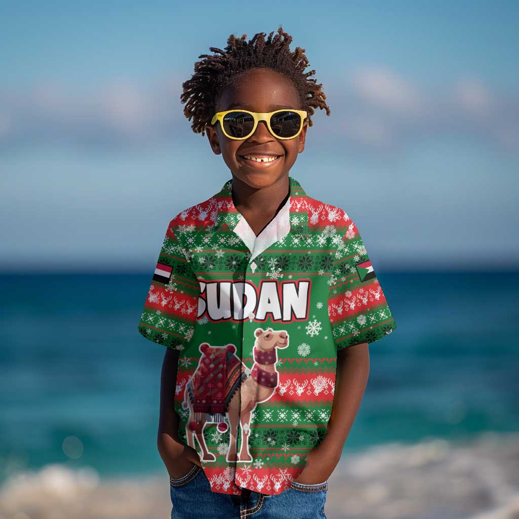 Sudan Christmas Kid Hawaiian Shirt Green Red Xmas Camel Snowflake and Coat of Arms - African Pride