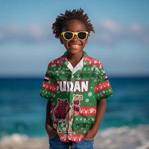 Sudan Christmas Kid Hawaiian Shirt Green Red Xmas Camel Snowflake and Coat of Arms - African Pride