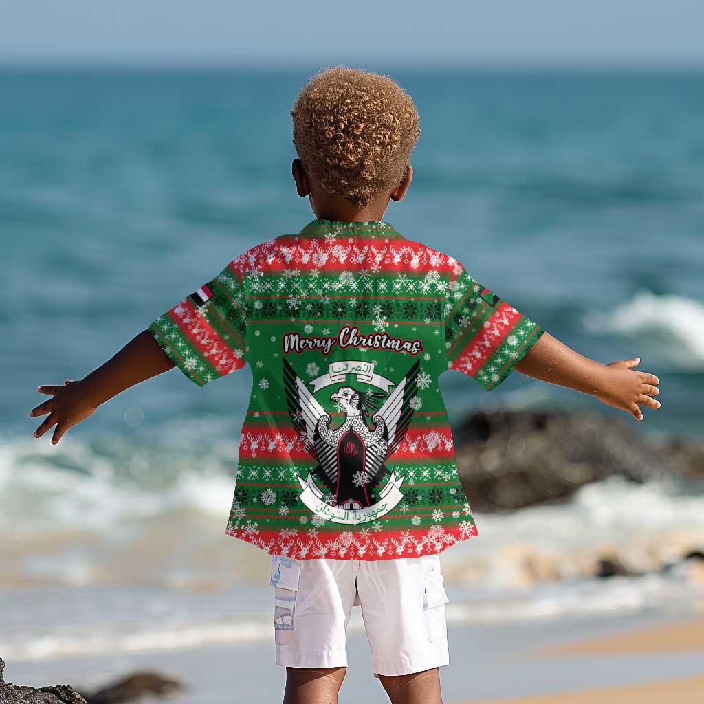 Sudan Christmas Kid Hawaiian Shirt Green Red Xmas Camel Snowflake and Coat of Arms - African Pride