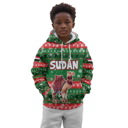 Sudan Christmas Kid Hoodie Green Red Xmas Camel Snowflake and Coat of Arms - African Pride