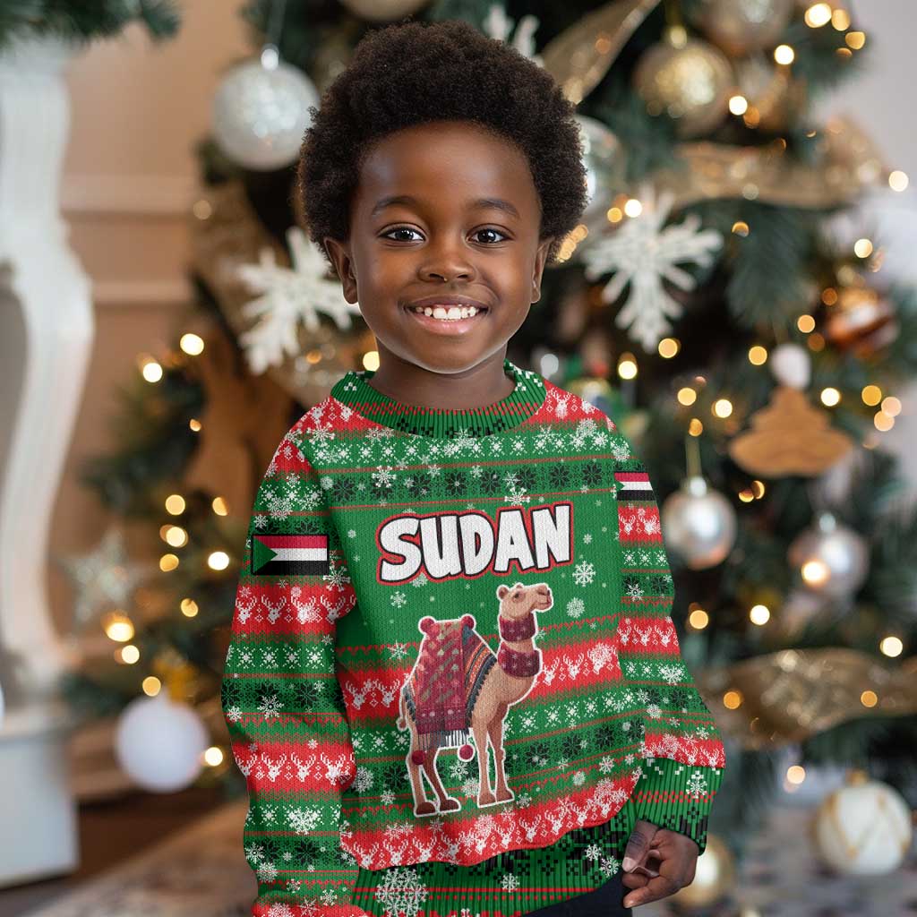 Sudan Christmas Kid Ugly Christmas Sweater Green Red Xmas Camel Snowflake and Coat of Arms - African Pride