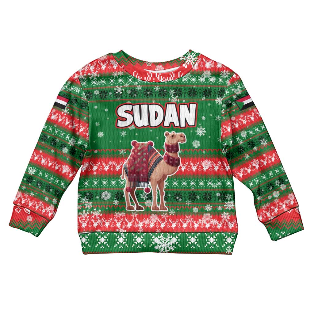 Sudan Christmas Kid Ugly Christmas Sweater Green Red Xmas Camel Snowflake and Coat of Arms - African Pride