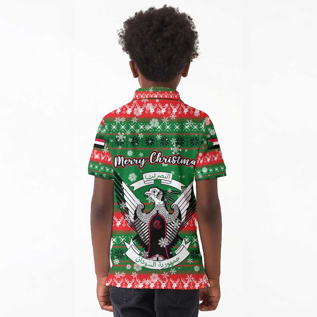 Sudan Christmas Kid Polo Shirt Green Red Xmas Camel Snowflake and Coat of Arms - African Pride