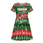 Sudan Christmas Kid Short Sleeve Dress Green Red Xmas Camel Snowflake and Coat of Arms - African Pride