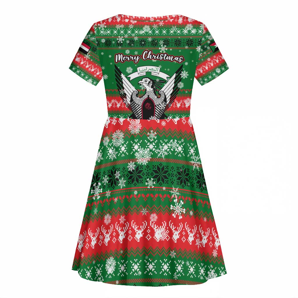 Sudan Christmas Kid Short Sleeve Dress Green Red Xmas Camel Snowflake and Coat of Arms - African Pride