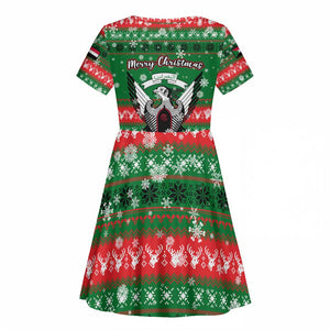Sudan Christmas Kid Short Sleeve Dress Green Red Xmas Camel Snowflake and Coat of Arms - African Pride
