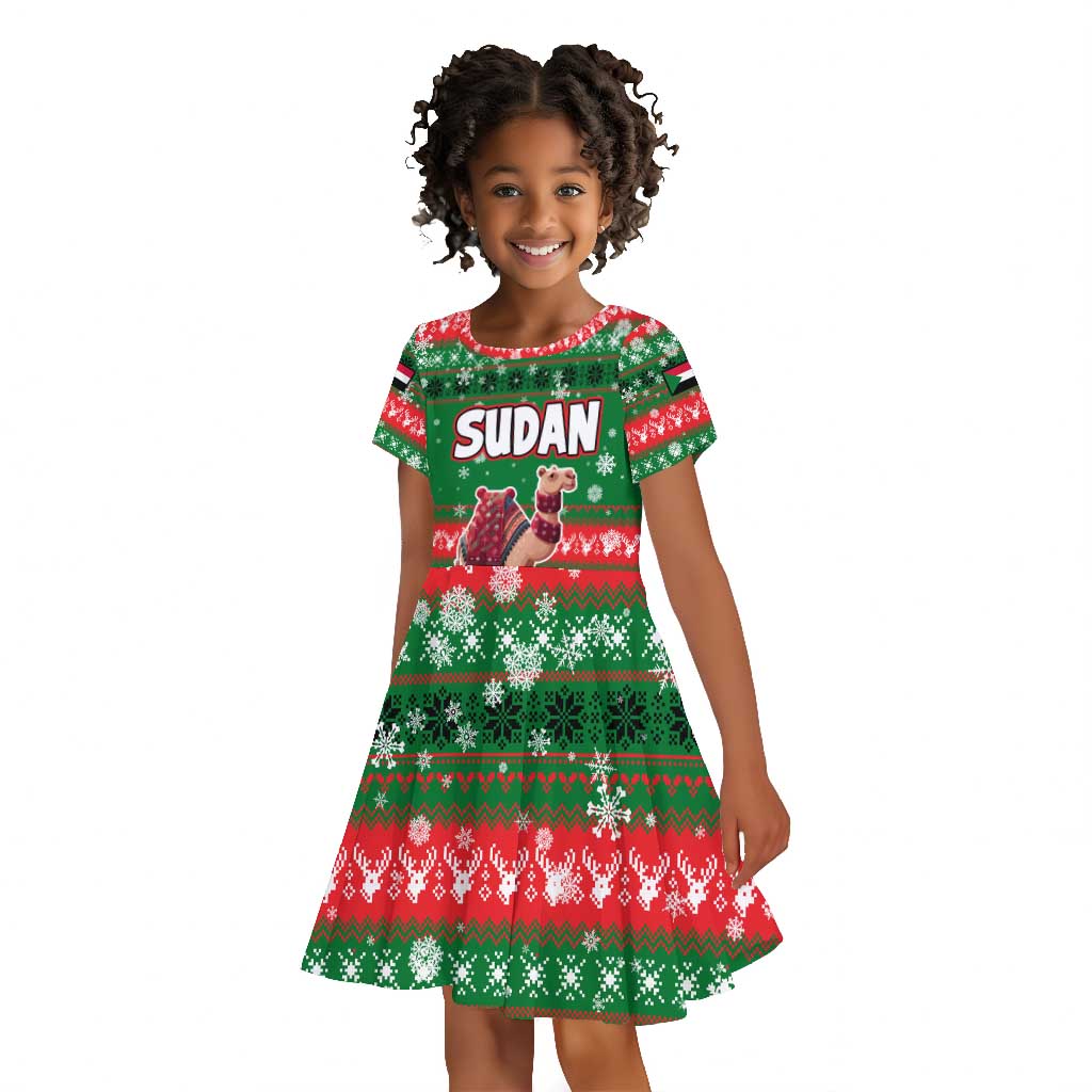 Sudan Christmas Kid Short Sleeve Dress Green Red Xmas Camel Snowflake and Coat of Arms - African Pride