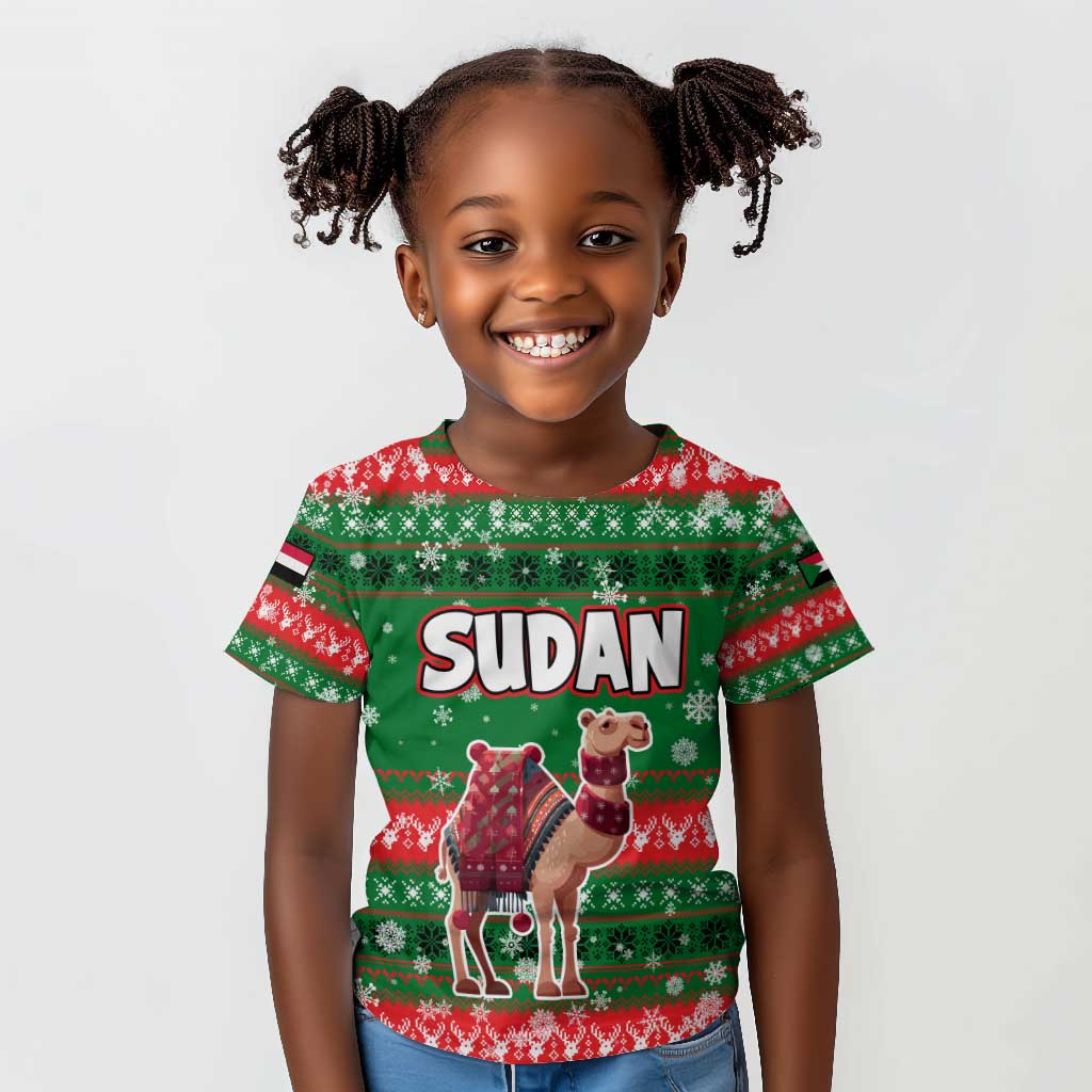 Sudan Christmas Kid T shirt Green Red Xmas Camel Snowflake and Coat of Arms - African Pride