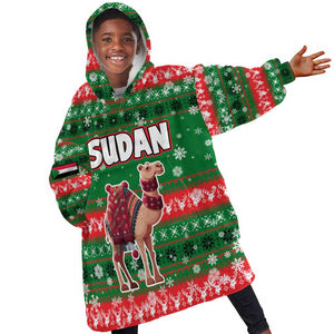 Sudan Christmas Kid Wearable Blanket Hoodie Green Red Xmas Camel Snowflake and Coat of Arms - African Pride